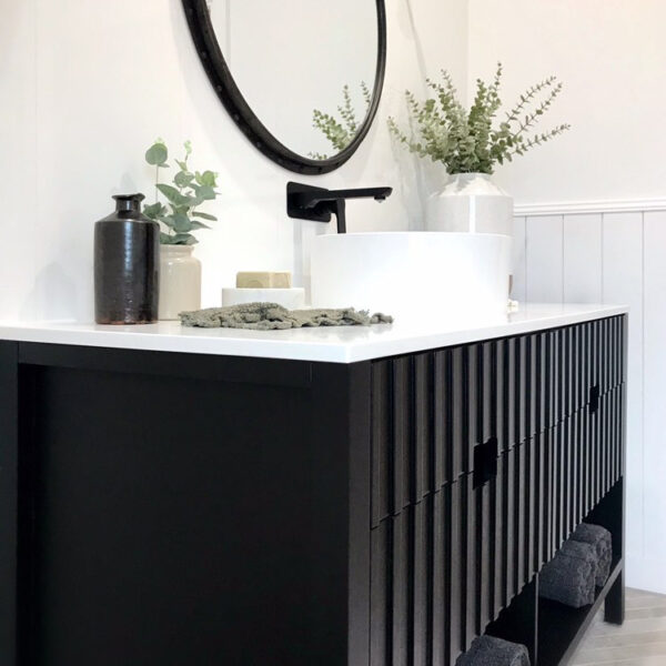 Free Standing vanity in Japan Black with Blanco Stone